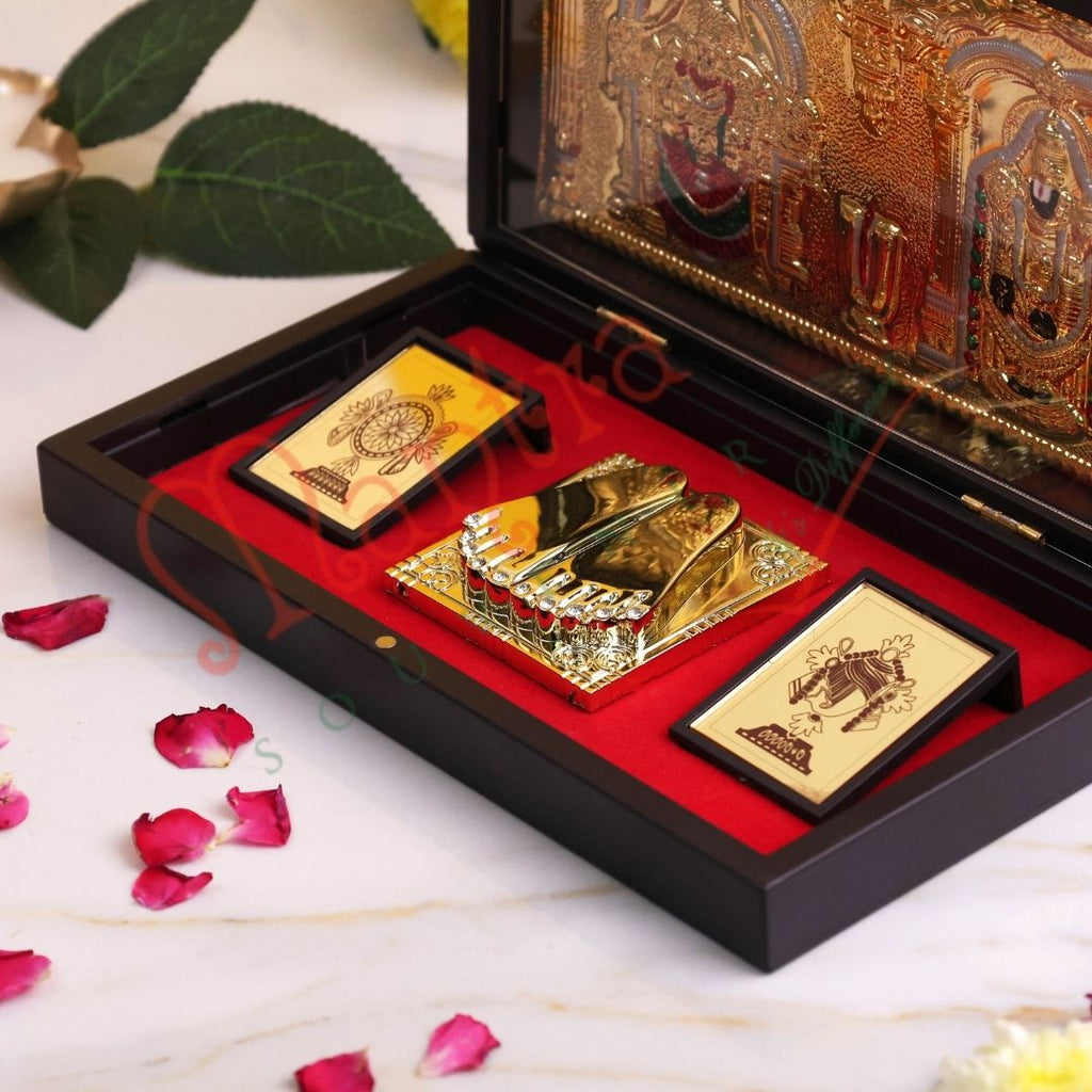 Premium Gold Plated Tirupati Balaji & Padmavati Charan Paduka Box – Durable ABS Polymer Spiritual Frame for Home Mandir, Office Desk & Auspicious Gifting
