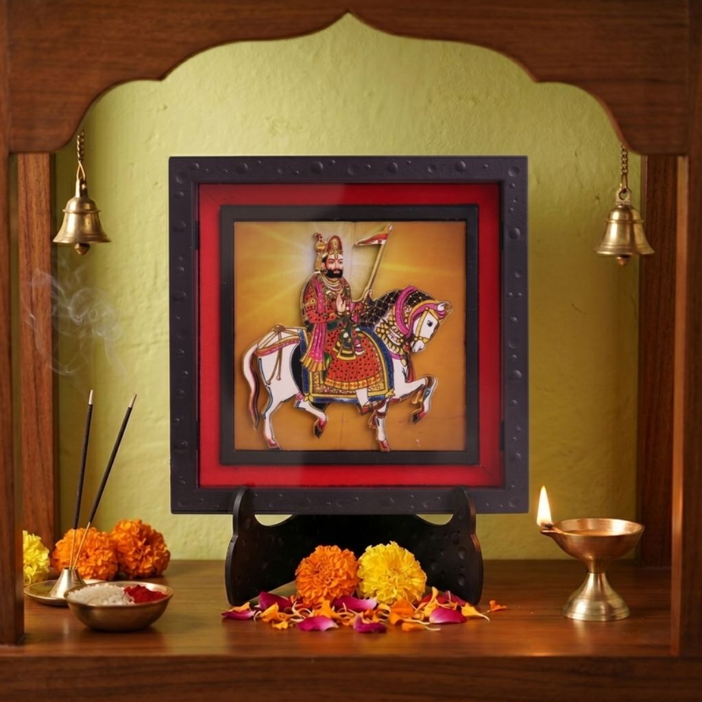 Classic 3D Ramdev Baba Deity Photo Frame with Stand for Home Temple | Baba Ramdev Ji Religious Photo Frame for Pooja Room, Office Desk & Prayer Space | Spiritual Home Decor | Devotional Gift Item & Sacred Souvenir