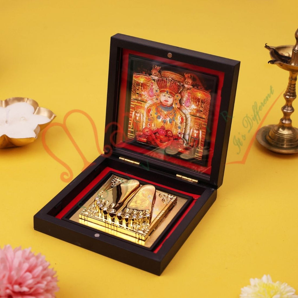 3D Shree Adinath Bhagwan Golden Charan Paduka – Premium ABS Polymer Jain Spiritual Gift Box for Home Mandir, Office Desk & Vastu