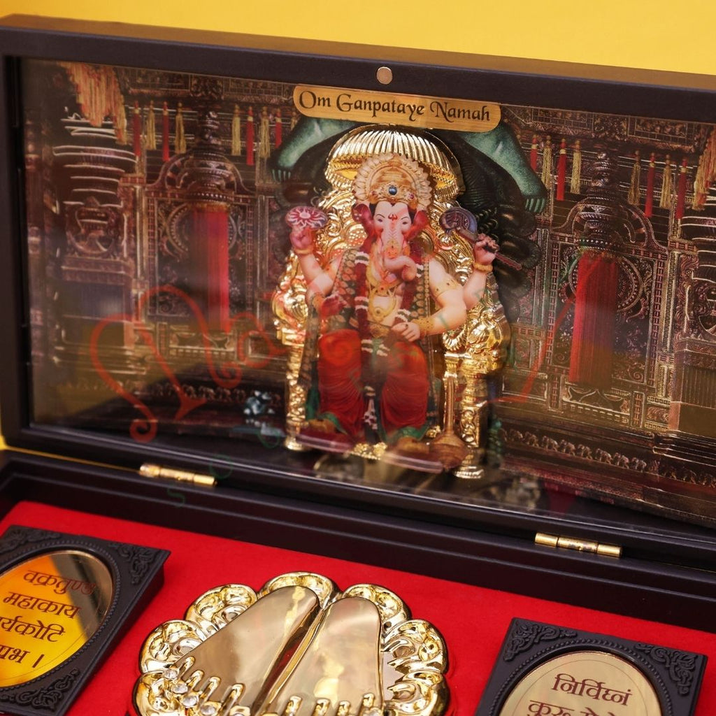 Deluxe 3D Lalbaugcha Raja Ganesha Charan Paduka Box – Premium ABS Polymer Spiritual Frame for Home Mandir, Office Desk & Festive Gifting