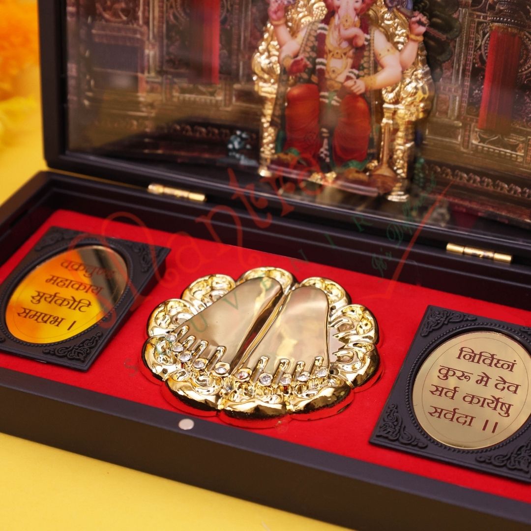 Deluxe 3D Lalbaugcha Raja Ganesha Charan Paduka Box – Premium ABS Polymer Spiritual Frame for Home Mandir, Office Desk & Festive Gifting