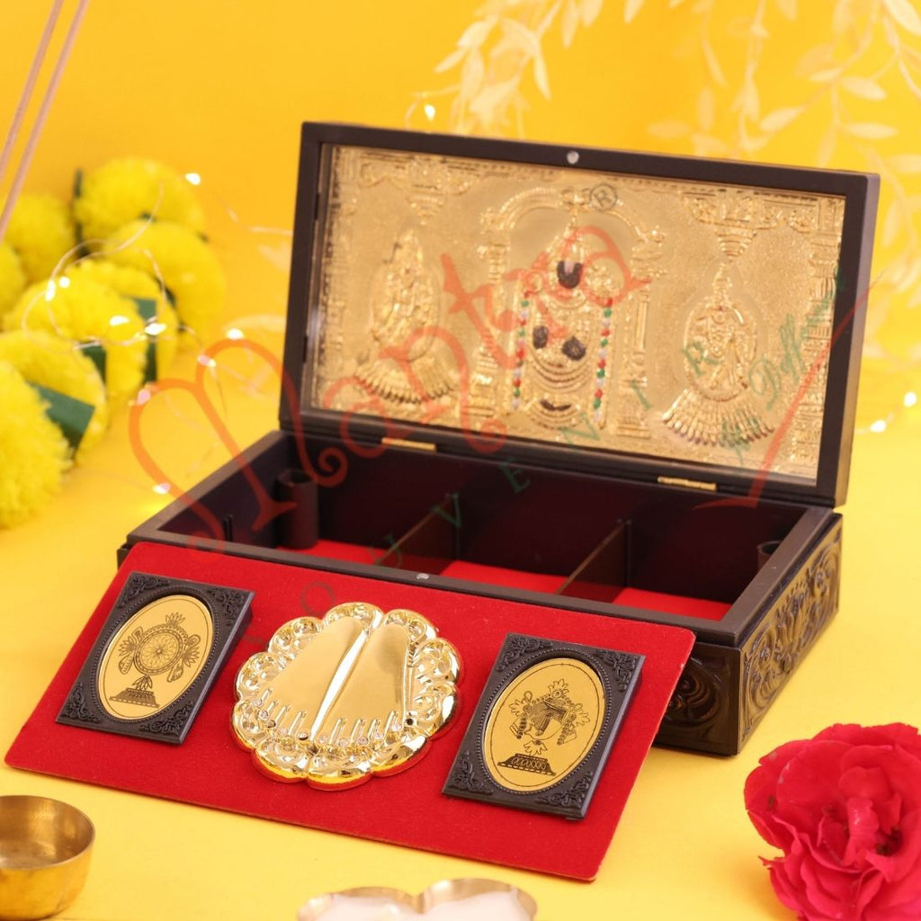 Tirupati Balaji Gold-Plated Charan Paduka Corporate Box – Premium Venkateswara Blessing & Prosperity Frame