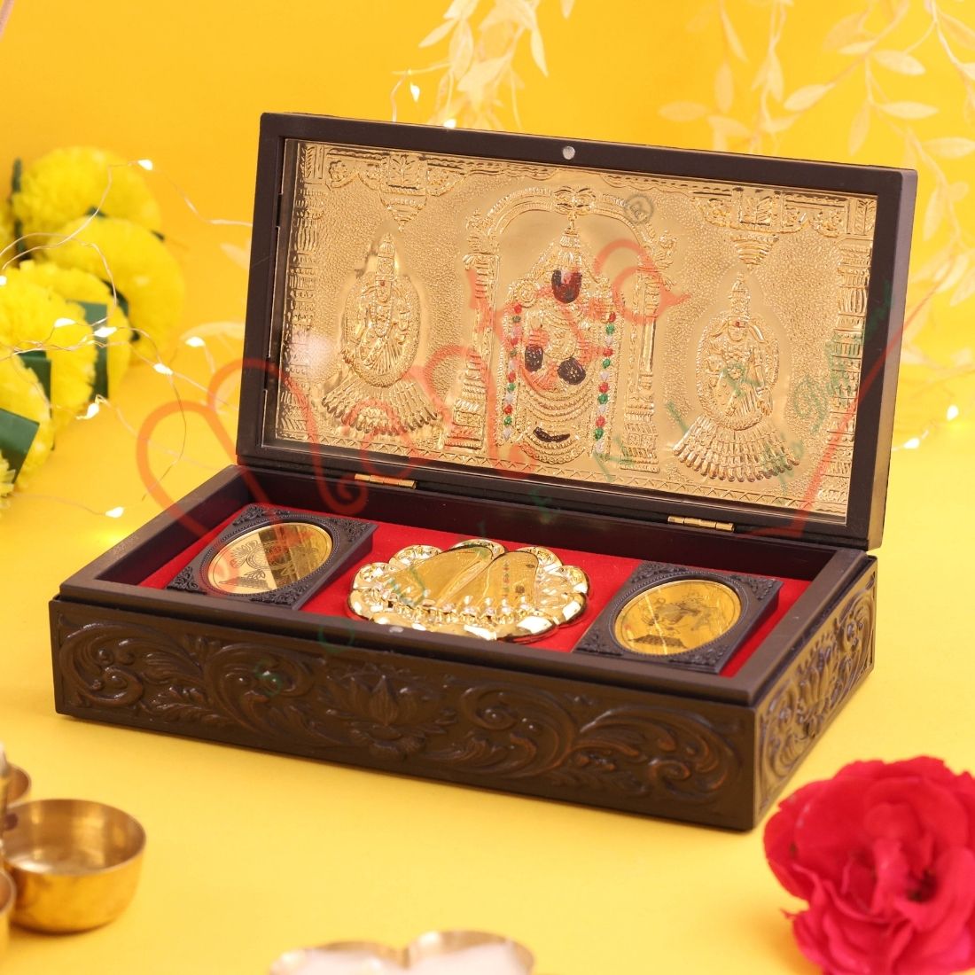 Tirupati Balaji Gold-Plated Charan Paduka Corporate Box – Premium Venkateswara Blessing & Prosperity Frame