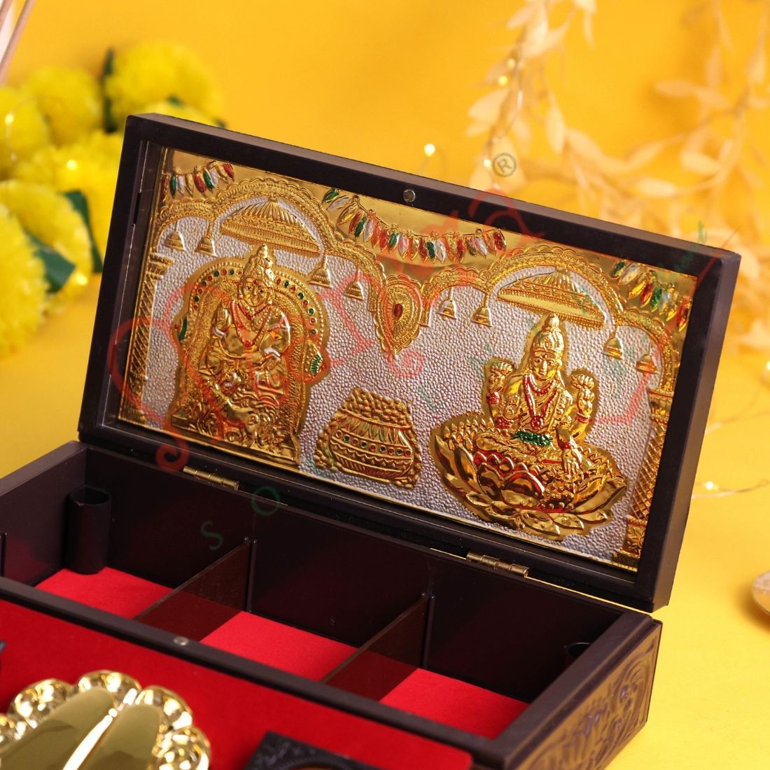 Kuber Laxmi Premium Corporate Gift Box – Gold-Tone Yantra & Stone-Studded Charan Paduka Set