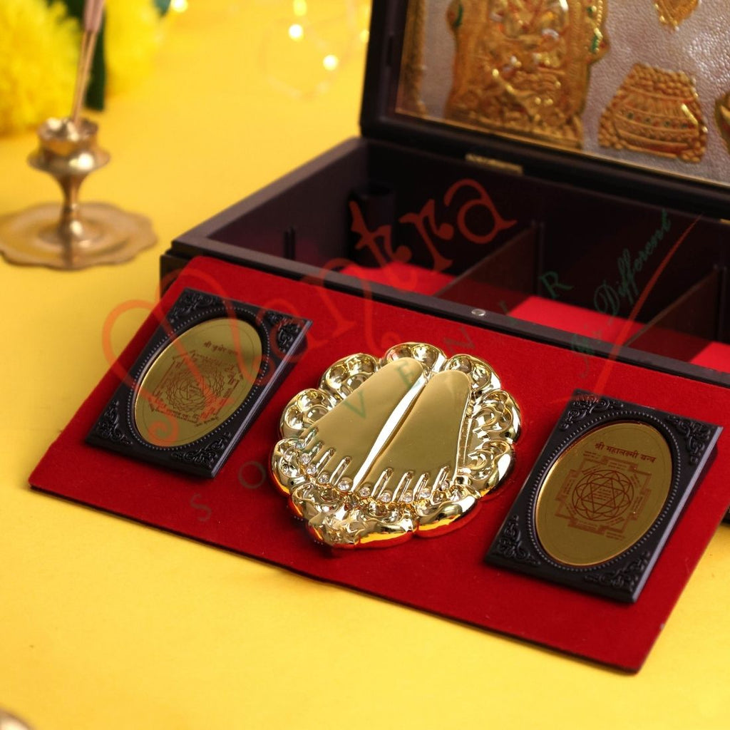Kuber Laxmi Premium Corporate Gift Box – Gold-Tone Yantra & Stone-Studded Charan Paduka Set