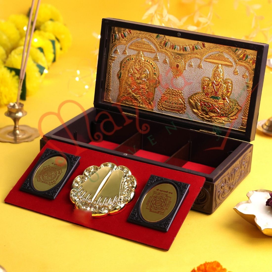 Kuber Laxmi Premium Corporate Gift Box – Gold-Tone Yantra & Stone-Studded Charan Paduka Set