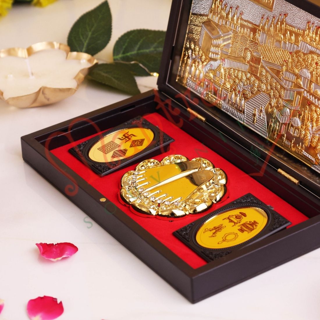 Deluxe Gold Plated Shatrunjay Mahatirth Palitana Charan Paduka Box & Ashtamangal – Premium ABS Polymer Jain Spiritual Gift for Home & Office