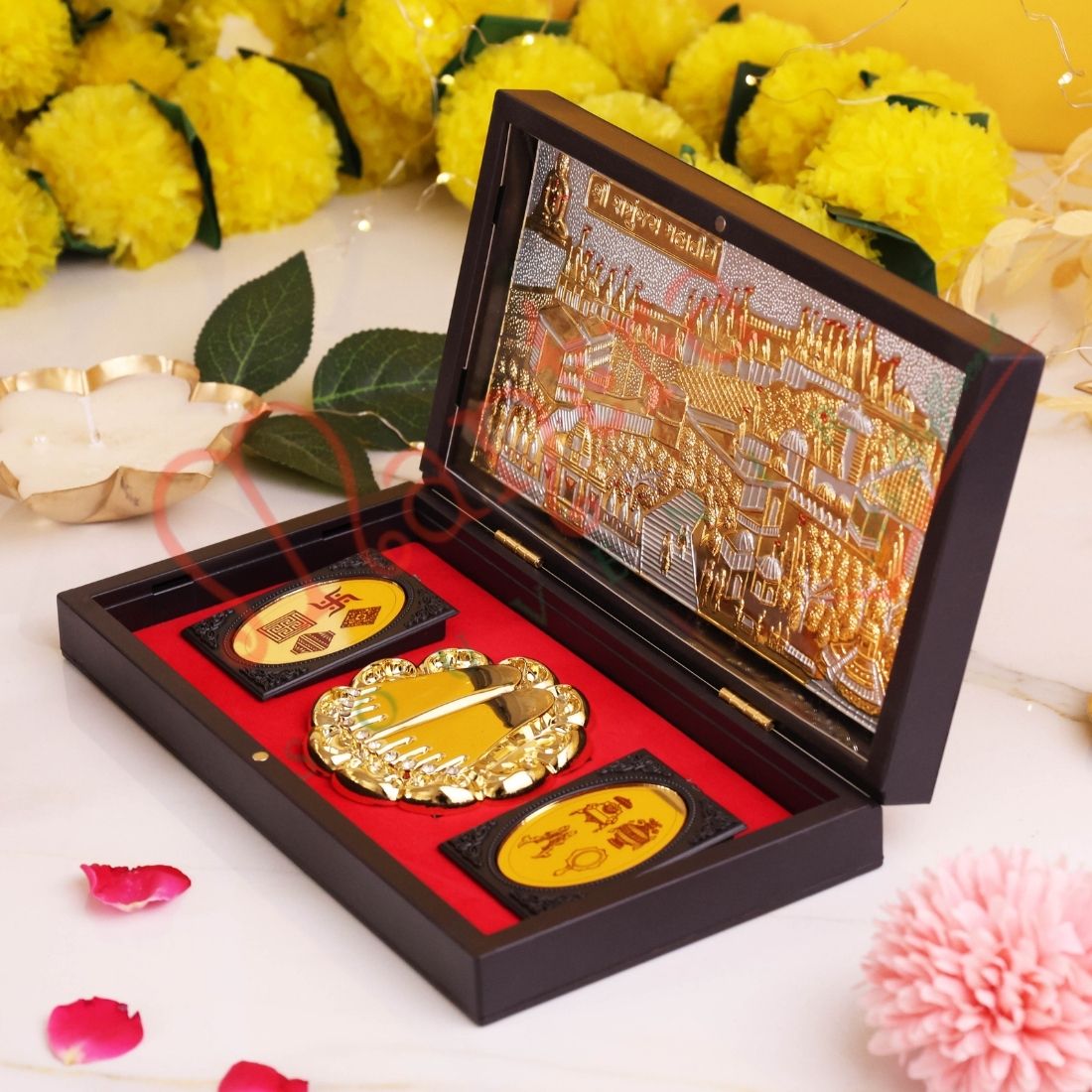 Deluxe Gold Plated Shatrunjay Mahatirth Palitana Charan Paduka Box & Ashtamangal – Premium ABS Polymer Jain Spiritual Gift for Home & Office