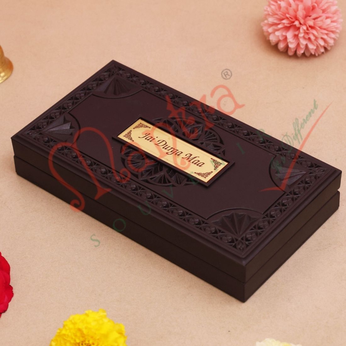 Deluxe 3D Durga Maa Navratri Gold Plated Frame Box – Premium ABS Polymer Maa Sherawali Spiritual Gift for Home Mandir & Office Decor