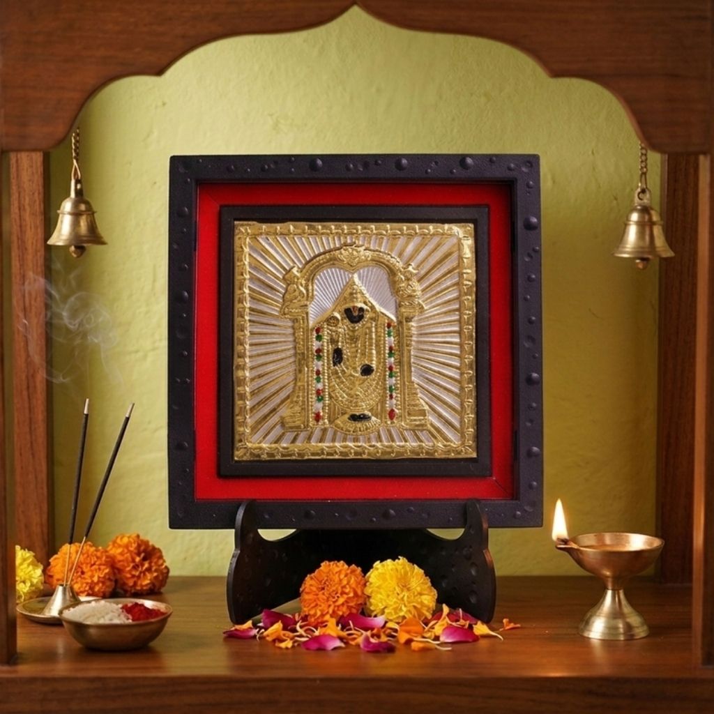 Classic Gold Balaji Deity Photo Frame with Stand | Lord Venkateswara Tirupati Balaji Religious Photo Frame for Home Temple Pooja Room Decor | Hindu God Devotional Frame for Office Desk Spiritual Gift