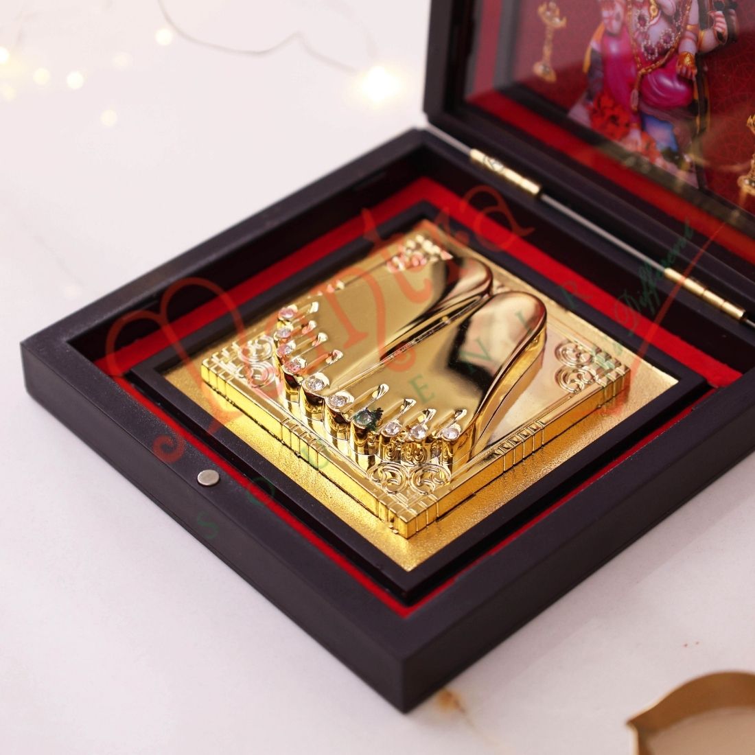Lord Ganesha Charan Paduka with Box | Gold Finish Divine Footprints | Ganpati Pooja Mandir Decor | Spiritual Religious Gift
