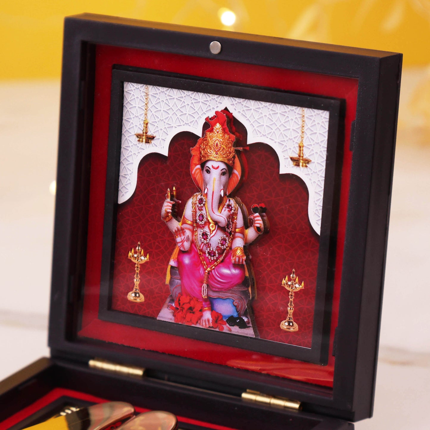 Lord Ganesha Charan Paduka with Wooden Box | Gold Finish Divine Footprints | Ganpati Pooja Mandir Decor | Spiritual Religious Gift