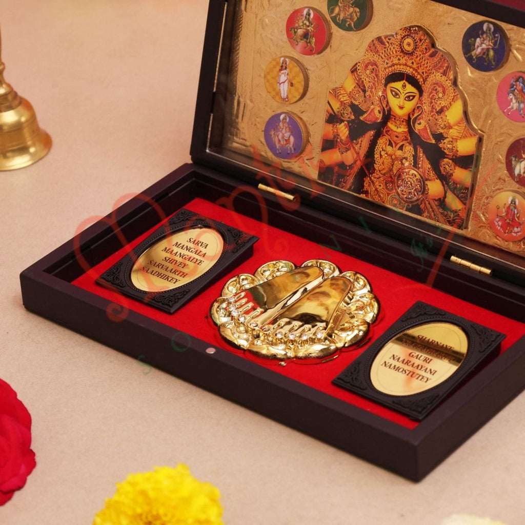 Deluxe 3D Durga Maa Navratri Gold Plated Frame Box – Premium ABS Polymer Maa Sherawali Spiritual Gift for Home Mandir & Office Decor