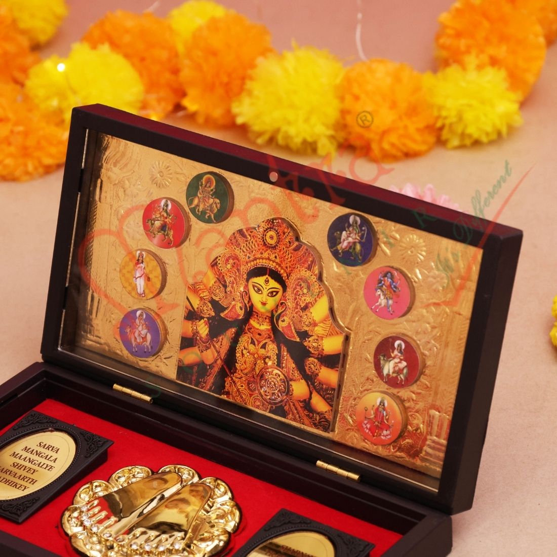 Deluxe 3D Durga Maa Navratri Gold Plated Frame Box – Premium ABS Polymer Maa Sherawali Spiritual Gift for Home Mandir & Office Decor