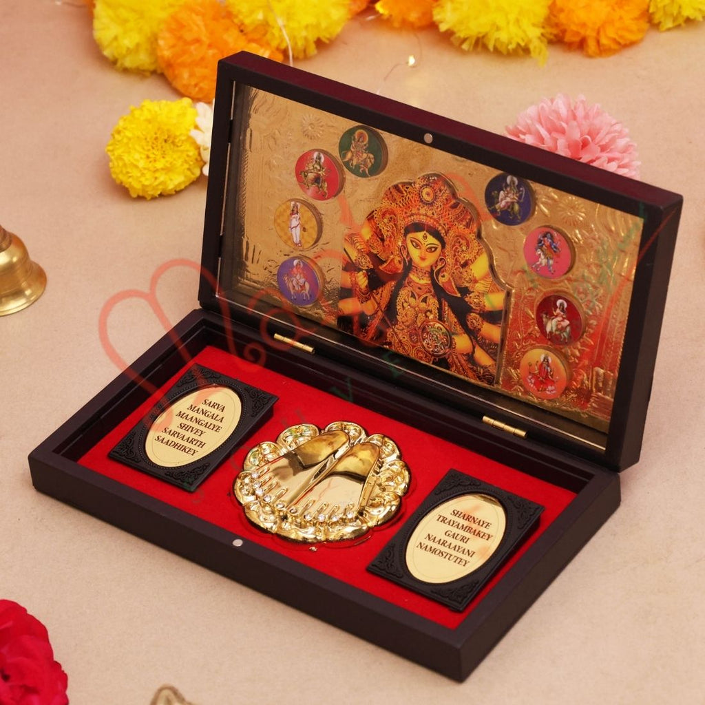 Deluxe 3D Durga Maa Navratri Gold Plated Frame Box – Premium ABS Polymer Maa Sherawali Spiritual Gift for Home Mandir & Office Decor