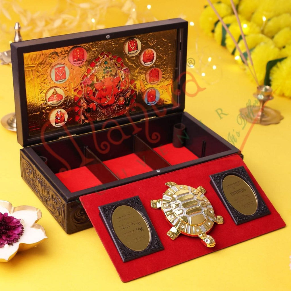 3D  Dagdu Ganesh ji Tortoise Gift Box – Gold-Plated Vastu Kurma with Ganesha Mantra & Success Charms