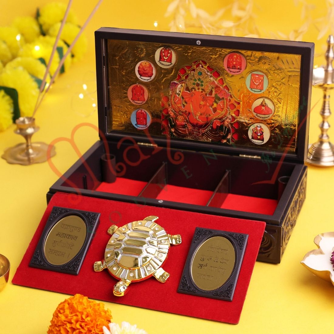 3D  Dagdu Ganesh ji Tortoise Gift Box – Gold-Plated Vastu Kurma with Ganesha Mantra & Success Charms