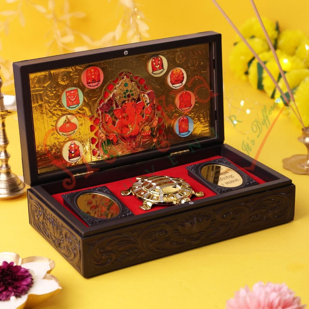 3D  Dagdu Ganesh ji Tortoise Gift Box – Gold-Plated Vastu Kurma with Ganesha Mantra & Success Charms