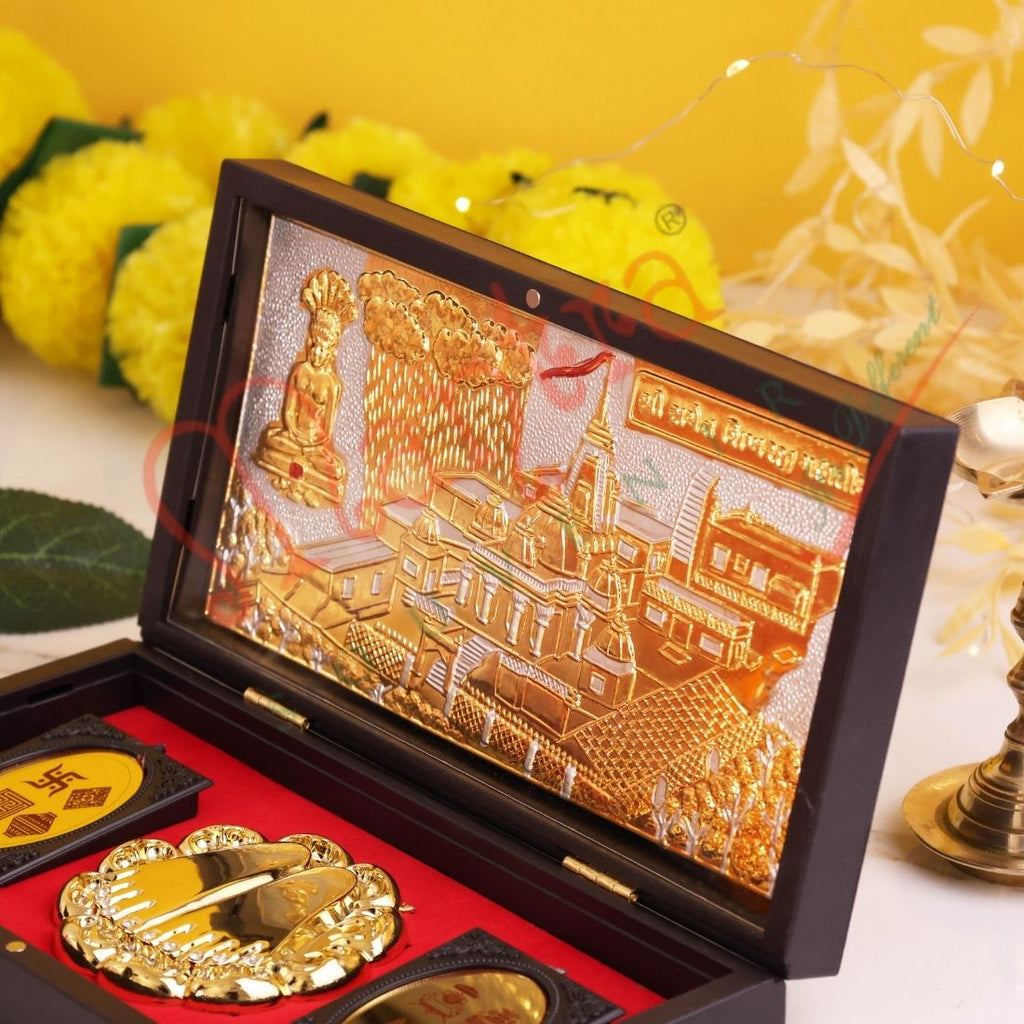 Deluxe Gold Plated Sammet Shikharji 3D Frame Box – Premium ABS Polymer Jain Tirth Souvenir for Home Mandir & Office Decor