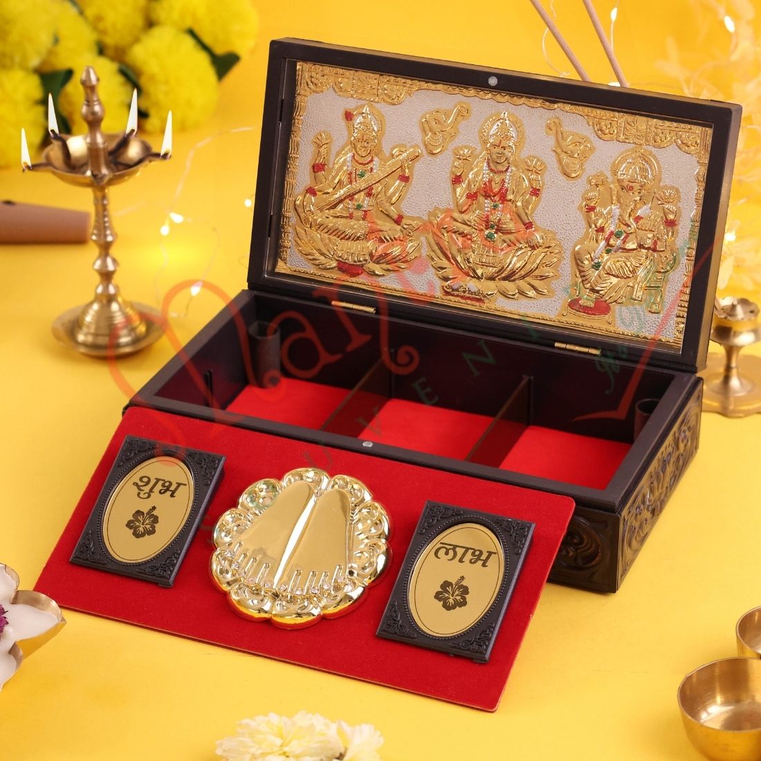 Divine Laxmi Ganesh Saraswati Gift Box – Premium Shubh Labh Charan Paduka & Corporate Keepsake