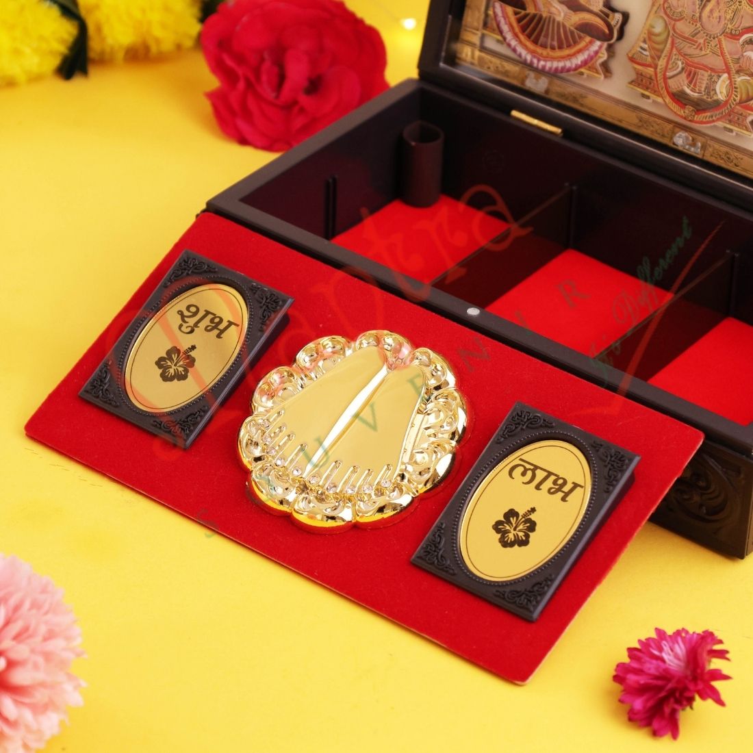 Sovereign 3D Laxmi Ganesh Sarswati Charan Paduka Corporate Gift Box –Gold-Plated & Shubh-Labh Spiritual Organizer