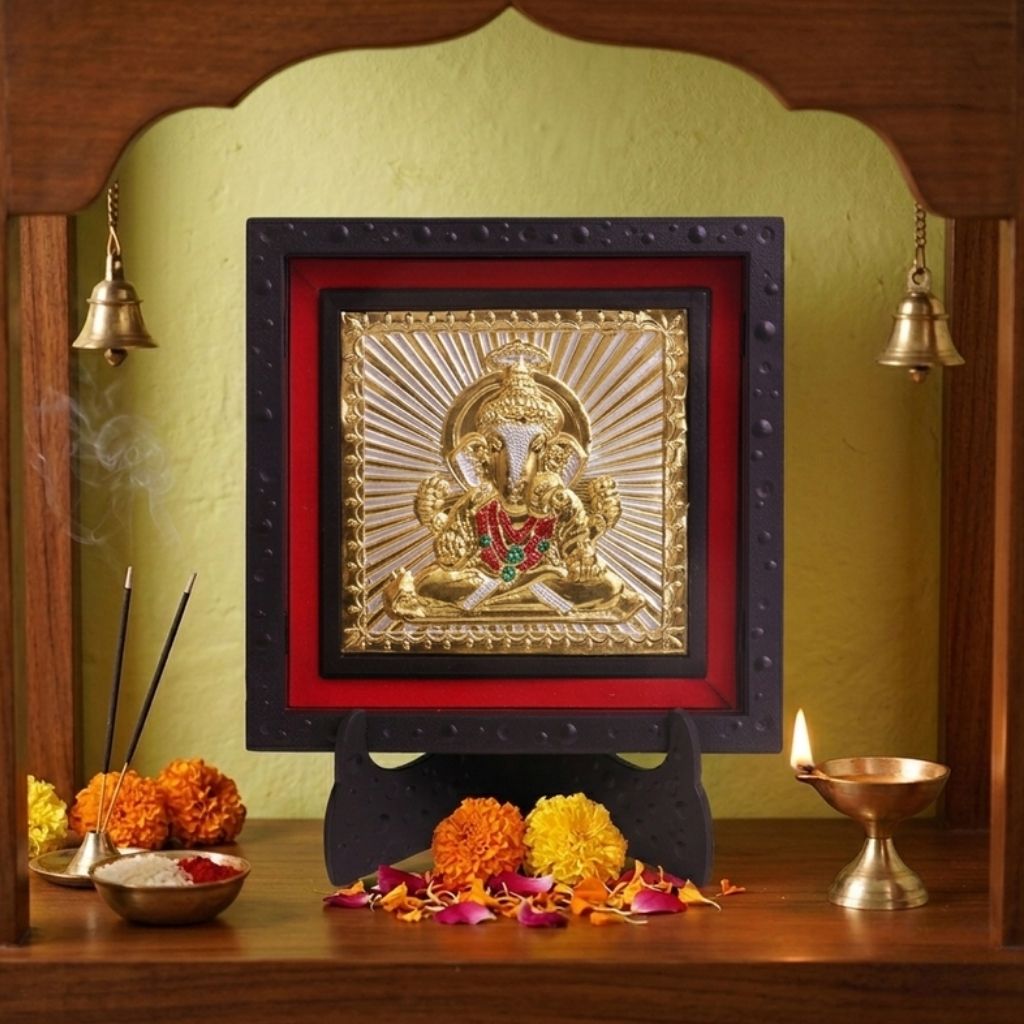 Classic Gold Plated Ganesh Ji Photo Frame with Stand for Home Decor & Pooja Room Office Desk Vastu Gift Diwali Gift Office Desk Temple Decoration Ganpati Bappa Idol Frame