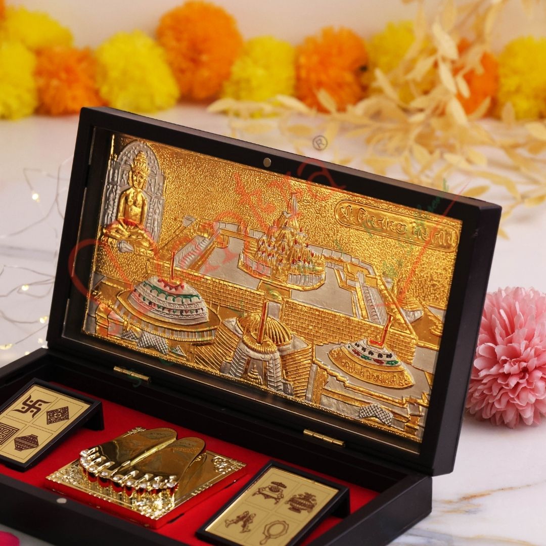 Gold Plated Girnar Ji Mahatirth Charan Paduka Box – Premium ABS Polymer Jain Pilgrimage Souvenir – Divine Girnar Hill Blessing Gift for Home & Office