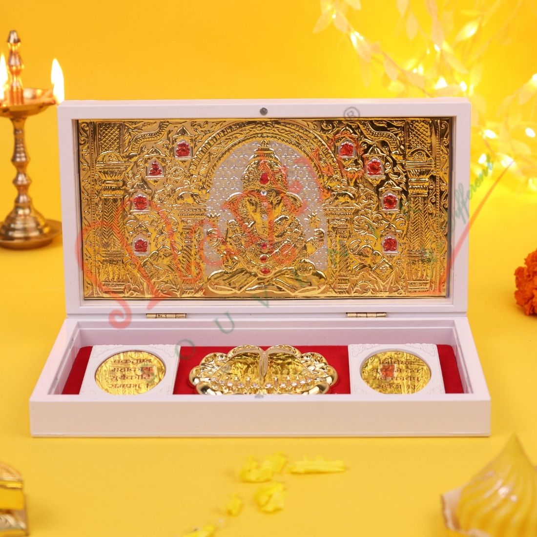 Marvel Divine Lord Ganesha Charan Paduka Frame Gold Plated Ganpati Paduka with Coins for Puja Room Mandir