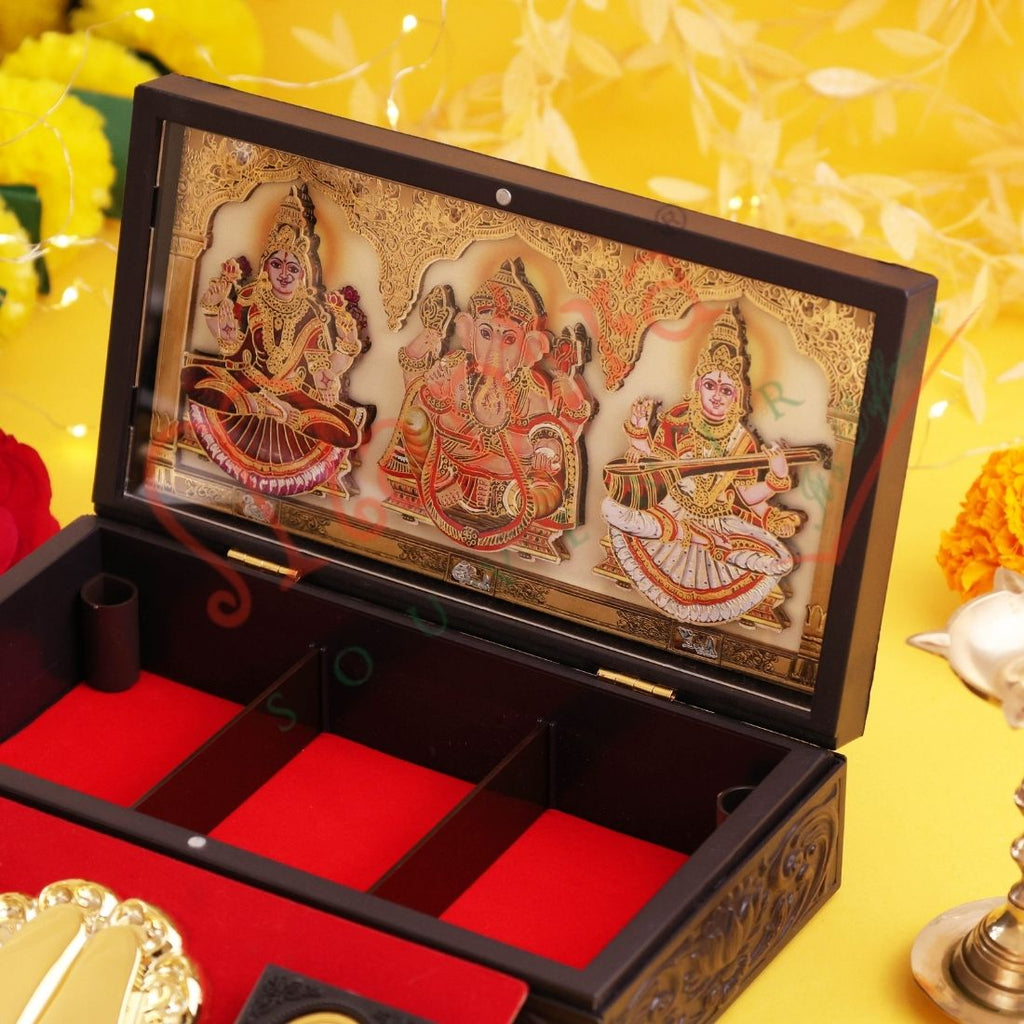 Sovereign 3D Laxmi Ganesh Sarswati Charan Paduka Corporate Gift Box –Gold-Plated & Shubh-Labh Spiritual Organizer