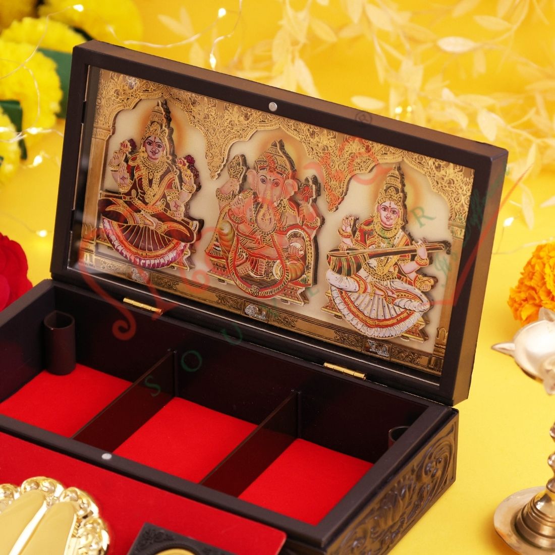 Sovereign 3D Laxmi Ganesh Sarswati Charan Paduka Corporate Gift Box –Gold-Plated & Shubh-Labh Spiritual Organizer
