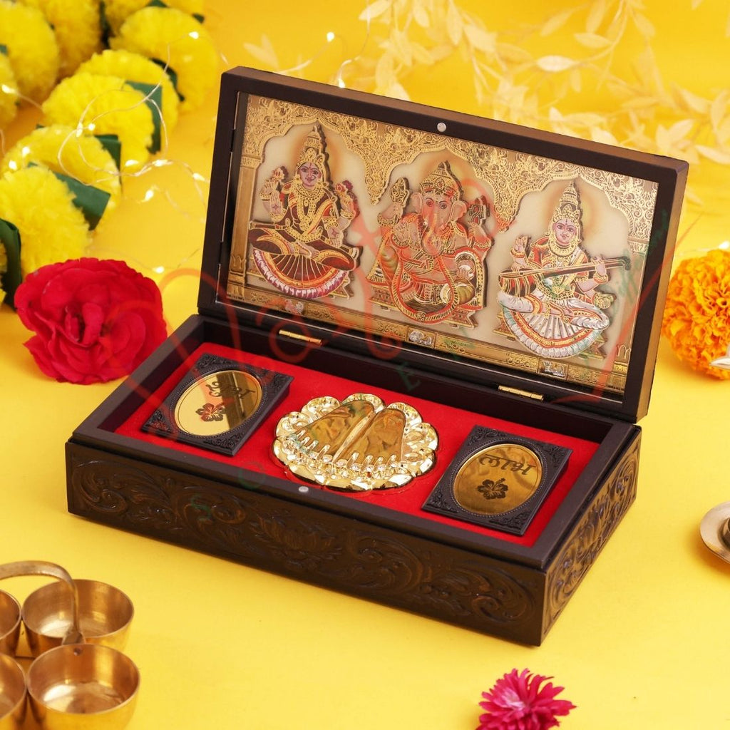 Sovereign 3D Laxmi Ganesh Sarswati Charan Paduka Corporate Gift Box –Gold-Plated & Shubh-Labh Spiritual Organizer