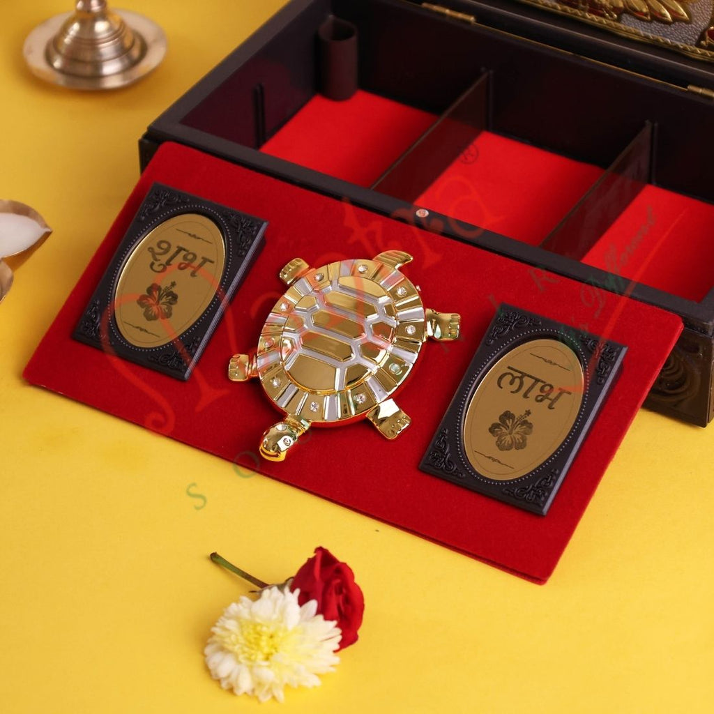 Divine Vastu Tortoise Laxmi Ganesh Saraswati Premium Corporate Box – Gold-Plated Kurma Avatar with Shubh-Labh Blessings