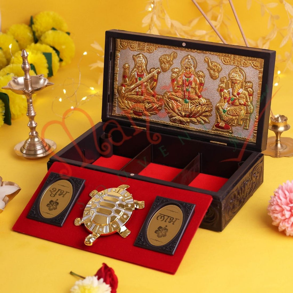 Divine Vastu Tortoise Laxmi Ganesh Saraswati Premium Corporate Box – Gold-Plated Kurma Avatar with Shubh-Labh Blessings
