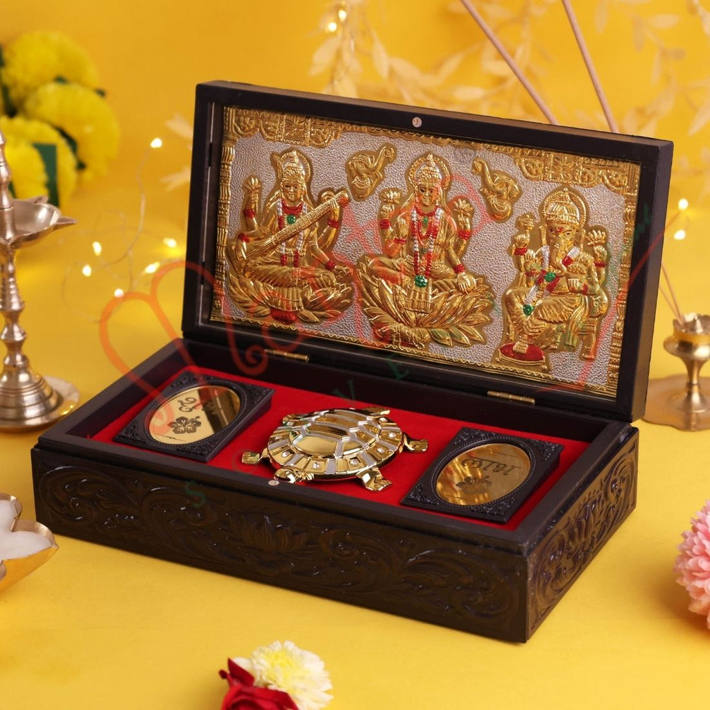 Divine Vastu Tortoise Laxmi Ganesh Saraswati Premium Corporate Box – Gold-Plated Kurma Avatar with Shubh-Labh Blessings