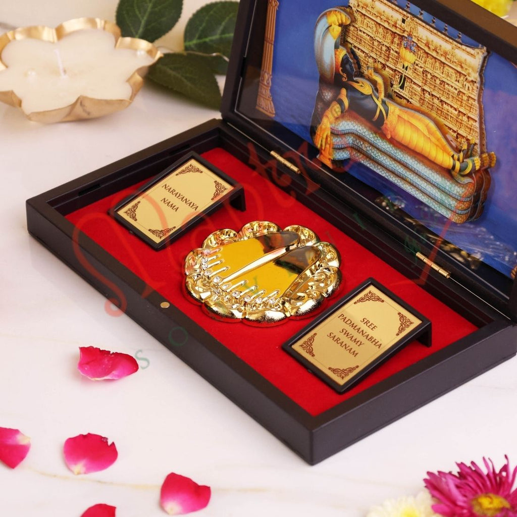 Deluxe 3D Sree Padmanabhaswamy Gold Plated Frame Box – Premium ABS Polymer Anantha Padmanabha Souvenir with Charan Paduka for Home Mandir & Office