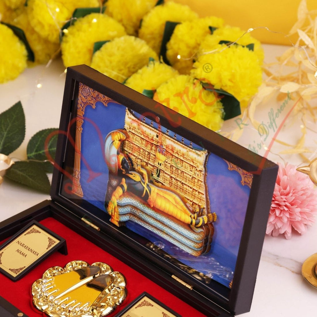 Deluxe 3D Sree Padmanabhaswamy Gold Plated Frame Box – Premium ABS Polymer Anantha Padmanabha Souvenir with Charan Paduka for Home Mandir & Office