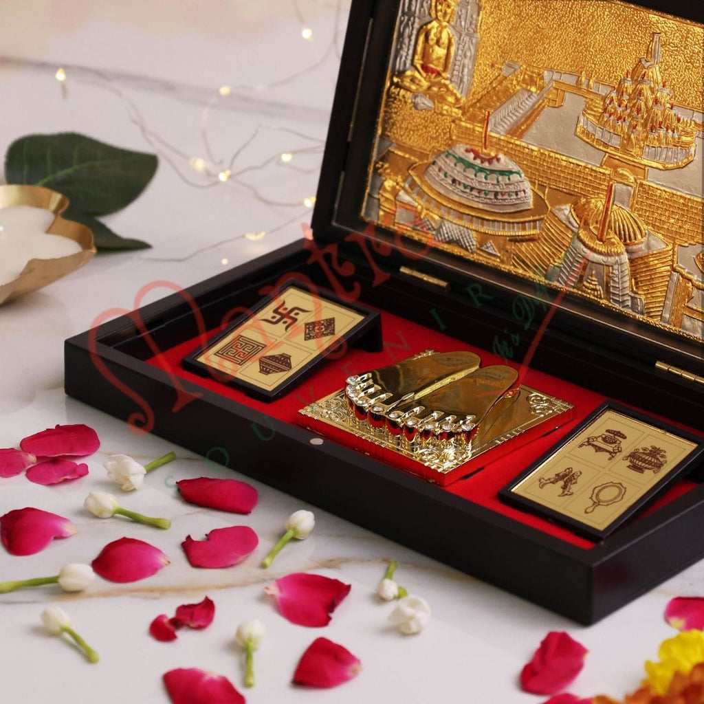Gold Plated Girnar Ji Mahatirth Charan Paduka Box – Premium ABS Polymer Jain Pilgrimage Souvenir – Divine Girnar Hill Blessing Gift for Home & Office