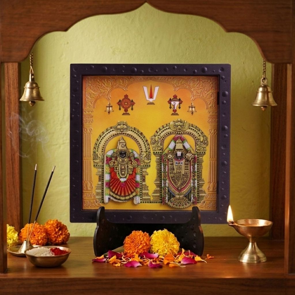 Classic 3D Balaji Padmavati Deity Photo Frame with Stand for Home Temple | Premium Tirupati Balaji & Goddess Padmavati Spiritual Photo Frame for Pooja Room, Office Desk & Home Decor | Religious Devotional Gift Item