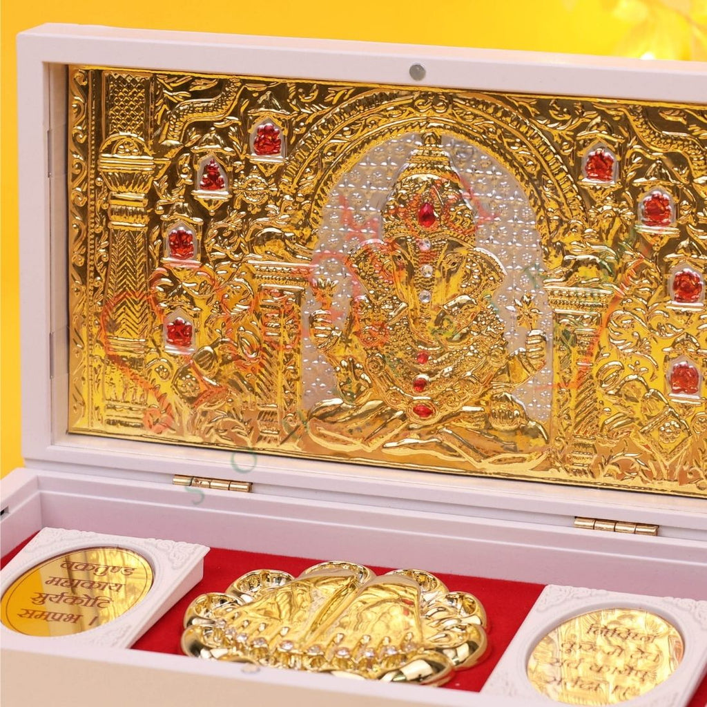 Marvel Divine Lord Ganesha Charan Paduka Frame Gold Plated Ganpati Paduka with Coins for Puja Room Mandir