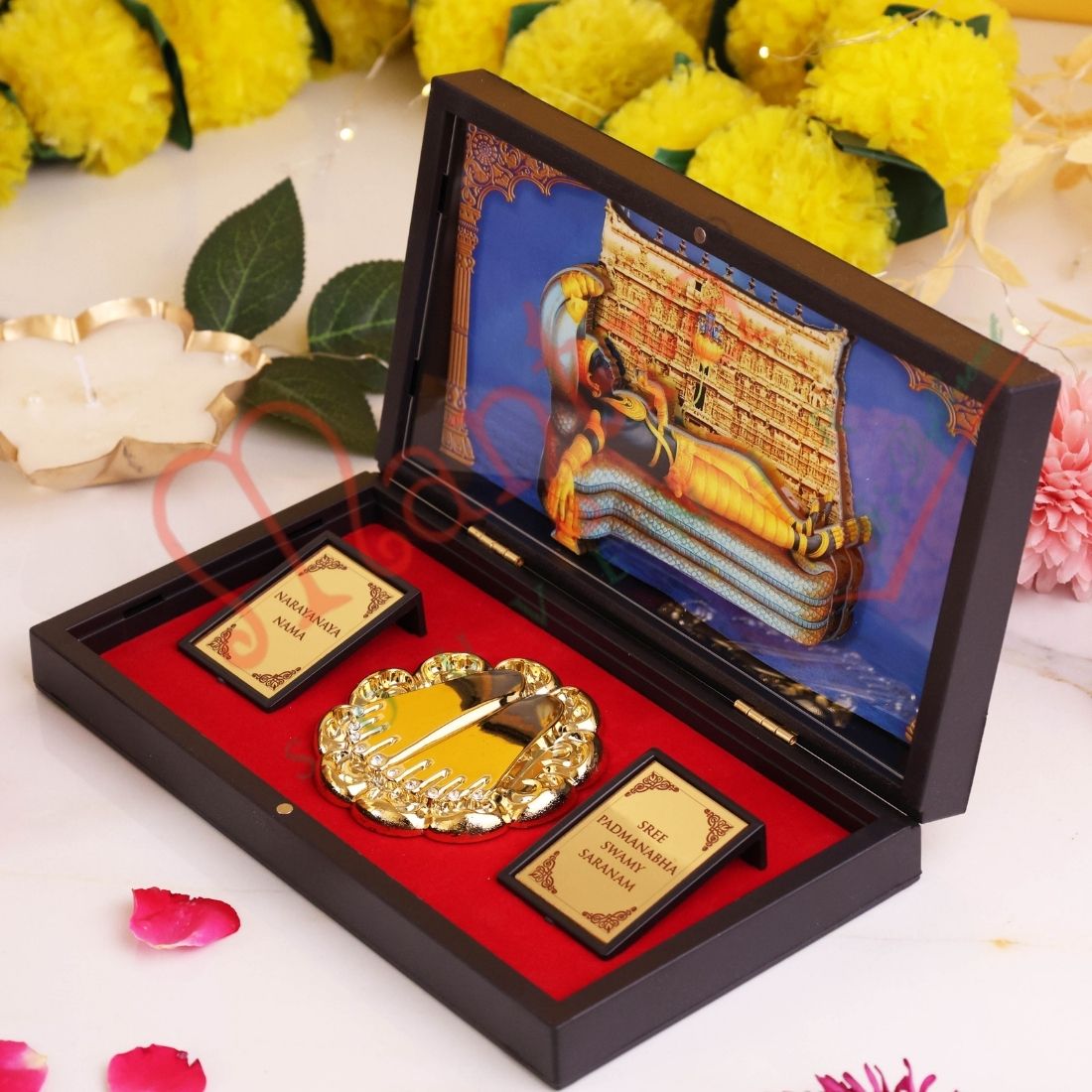 Deluxe 3D Sree Padmanabhaswamy Gold Plated Frame Box – Premium ABS Polymer Anantha Padmanabha Souvenir with Charan Paduka for Home Mandir & Office