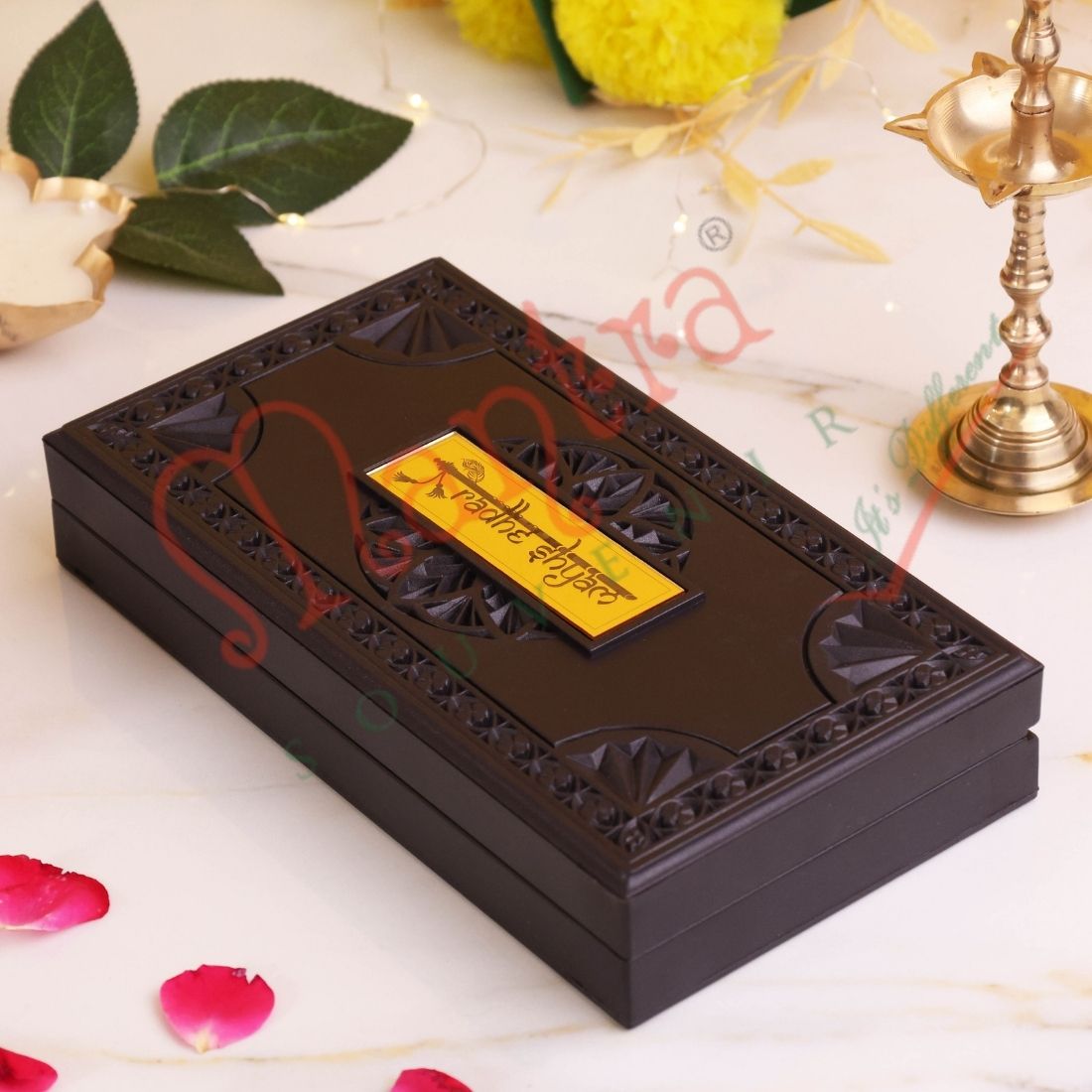Deluxe 3D Radha Krishna Gold Plated Frame Box – Premium ABS Polymer Divine Love Souvenir with Charan Paduka for Home Mandir & Luxury Decor
