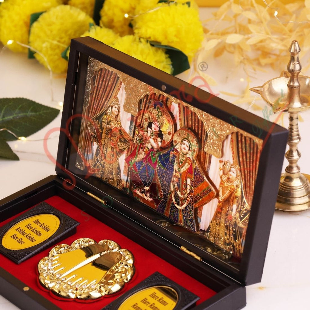 Deluxe 3D Radha Krishna Gold Plated Frame Box – Premium ABS Polymer Divine Love Souvenir with Charan Paduka for Home Mandir & Luxury Decor