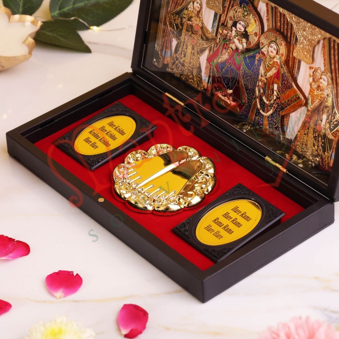 Deluxe 3D Radha Krishna Gold Plated Frame Box – Premium ABS Polymer Divine Love Souvenir with Charan Paduka for Home Mandir & Luxury Decor