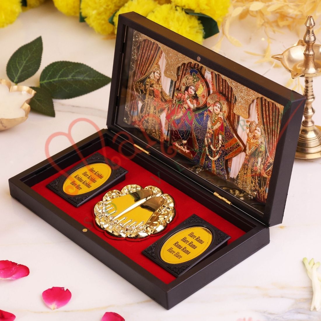 Deluxe 3D Radha Krishna Gold Plated Frame Box – Premium ABS Polymer Divine Love Souvenir with Charan Paduka for Home Mandir & Luxury Decor