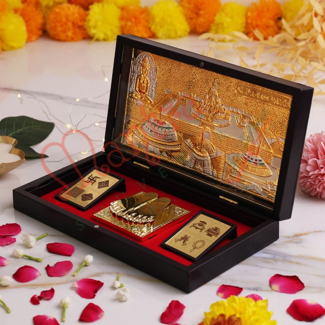 Gold Plated Girnar Ji Mahatirth Charan Paduka Box – Premium ABS Polymer Jain Pilgrimage Souvenir – Divine Girnar Hill Blessing Gift for Home & Office