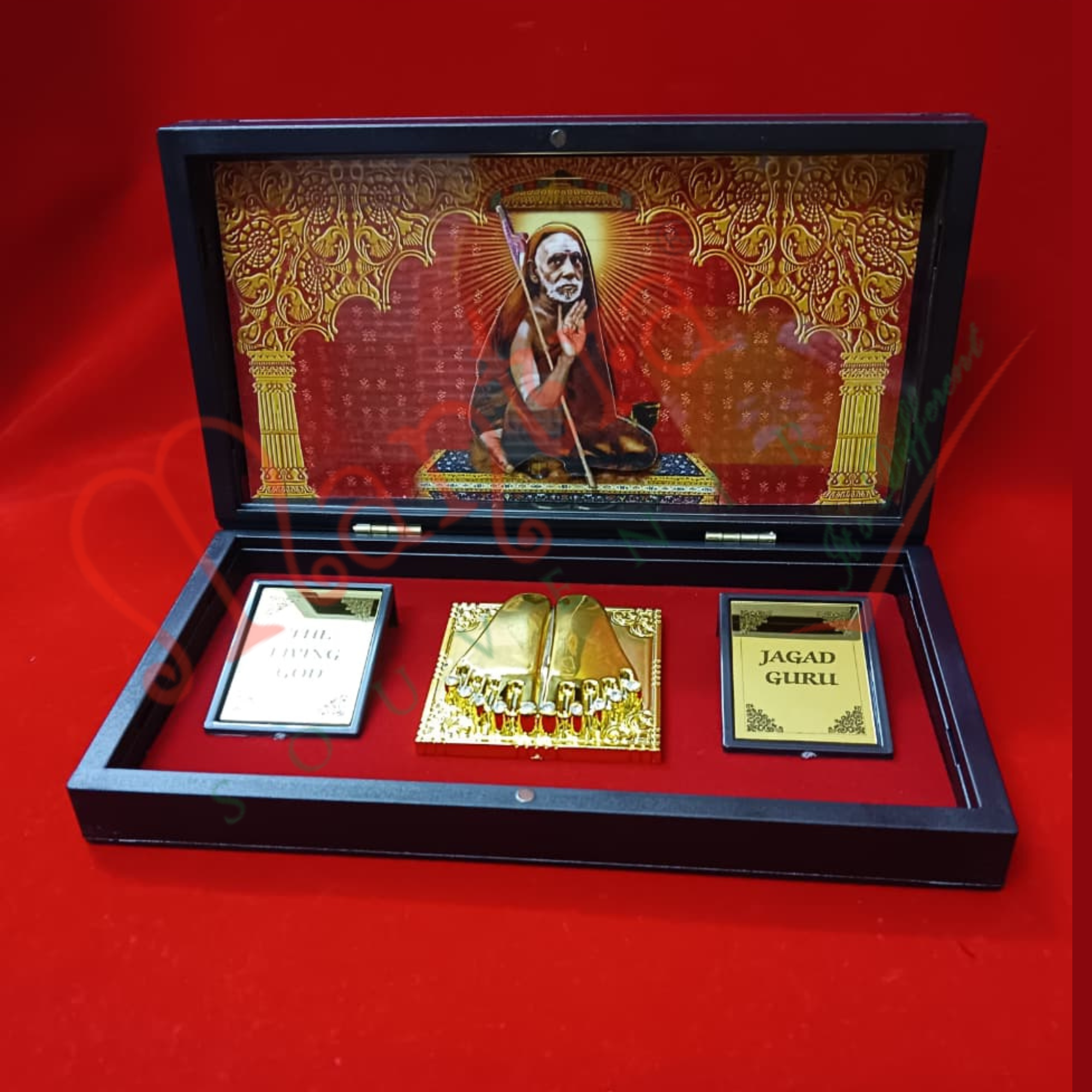 3D Adi Shankaracharya & Kanchi Mahaperiyava Golden Charan Paduka Box for Puja, Home Decor & Office Desk