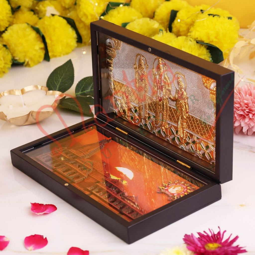 Deluxe 3D Ram Darbar & Ayodhya Ram Mandir Yantra Box – Spiritual Decor – Premium ABS Polymer Gift Box for Pooja Room, Home & Office