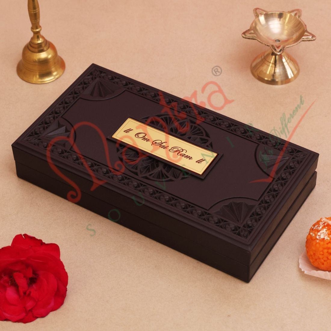 Deluxe 3D Shirdi Sai Baba Gold Plated Frame Box – Premium ABS Polymer Spiritual Souvenir with Charan Paduka for Home Mandir & Office