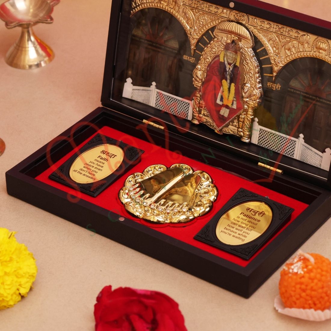 Deluxe 3D Shirdi Sai Baba Gold Plated Frame Box – Premium ABS Polymer Spiritual Souvenir with Charan Paduka for Home Mandir & Office