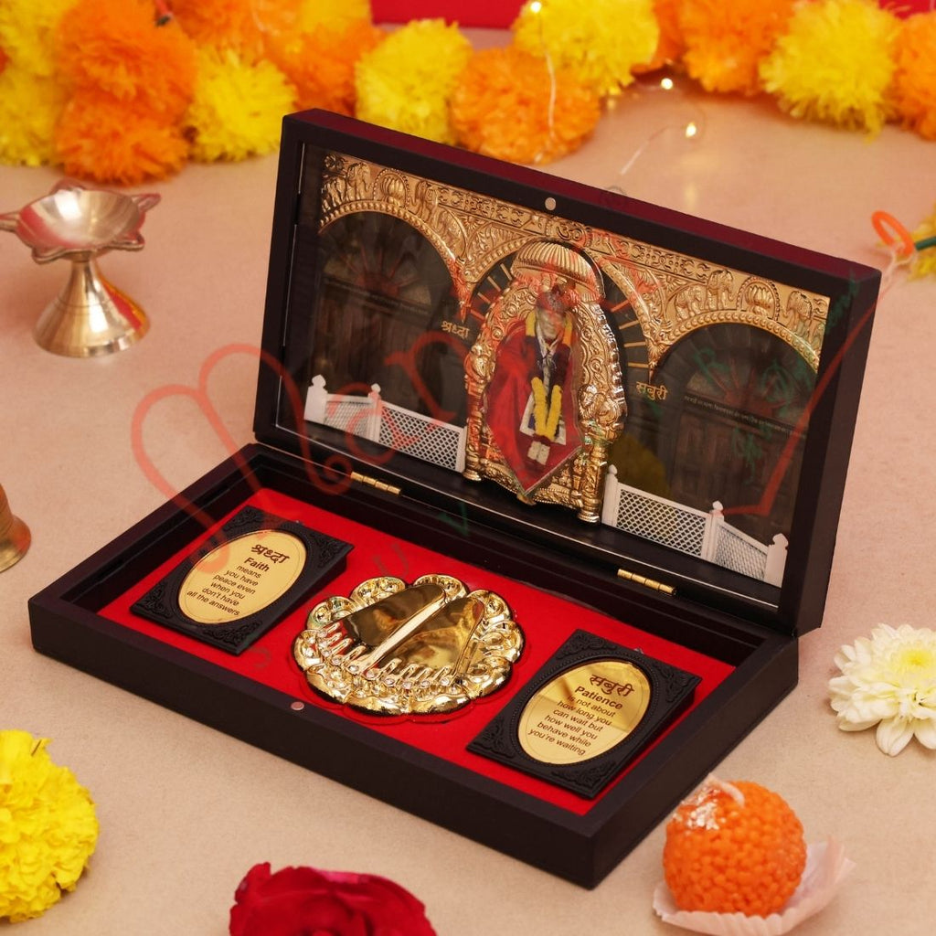Deluxe 3D Shirdi Sai Baba Gold Plated Frame Box – Premium ABS Polymer Spiritual Souvenir with Charan Paduka for Home Mandir & Office